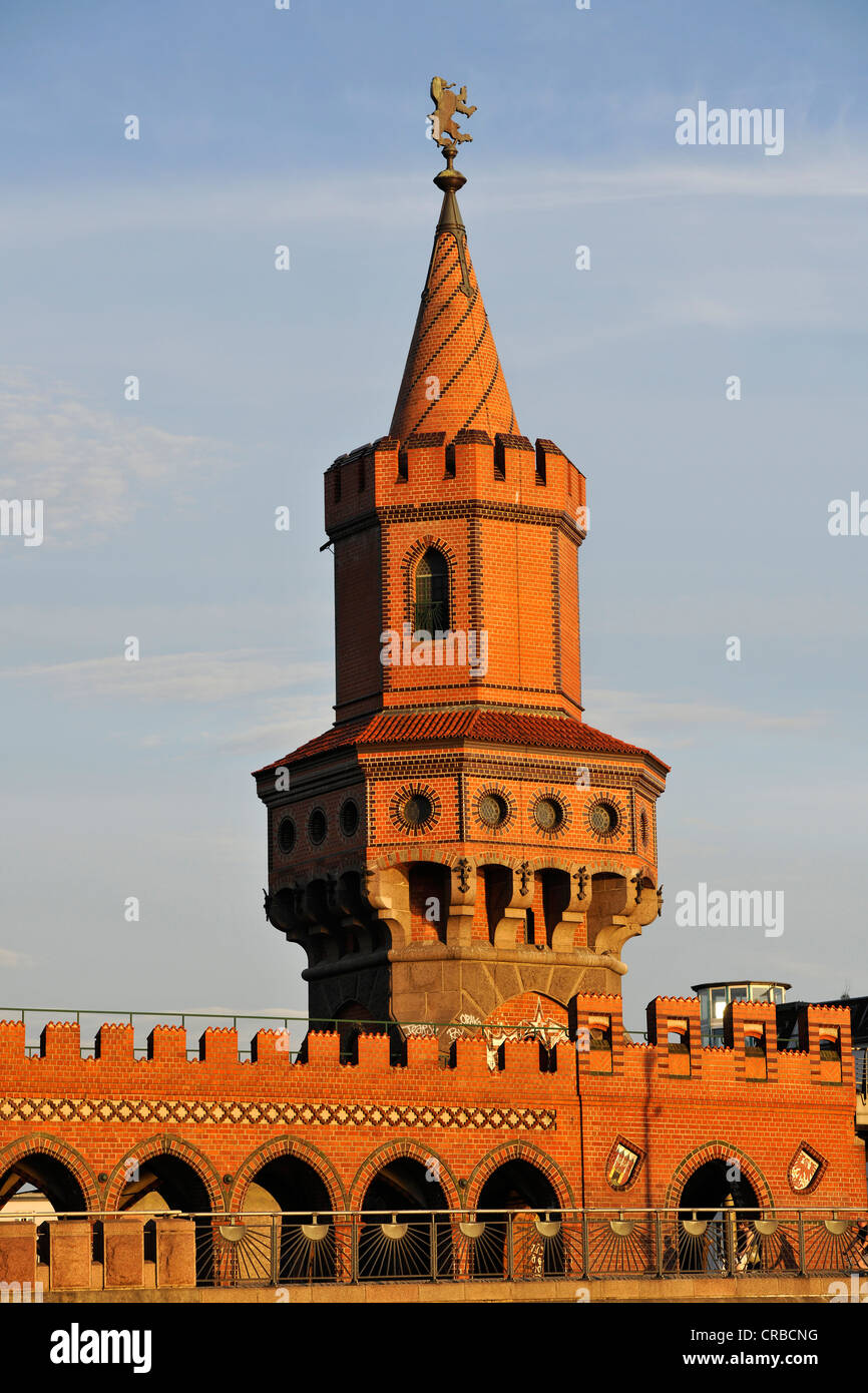 Partial view of Oberbaumbruecke bridge crossing Spree, evening light, Friedrichshain-Kreuzberg, Berlin, PublicGround Stock Photo
