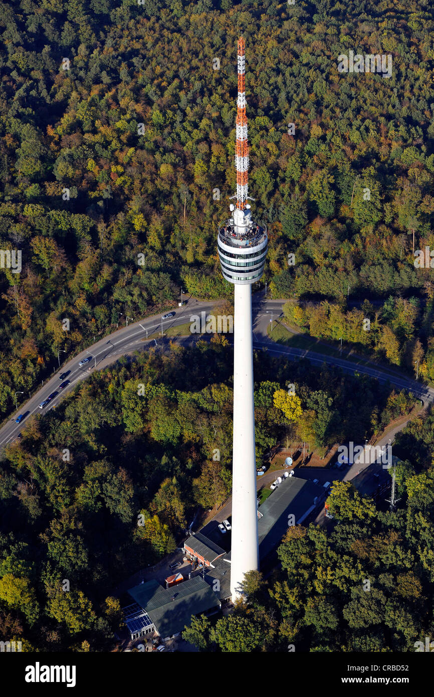 Aerial view, television tower, Stuttgart forest in autumn, Stuttgart ...