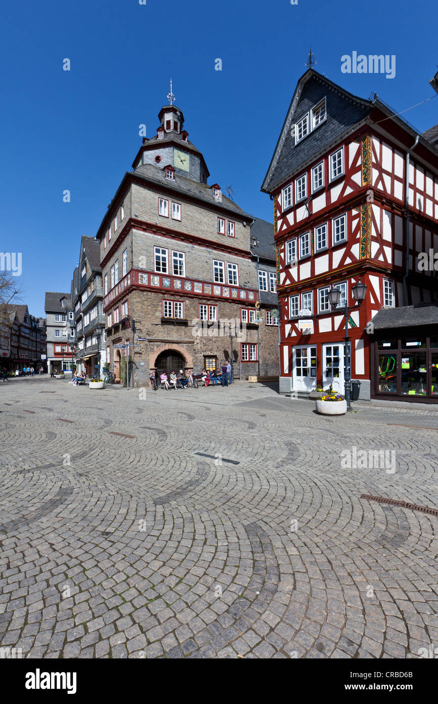 City hall and falf-timbered house, historic old town of Herborn, Hesse, Germany, Europe Stock Photo