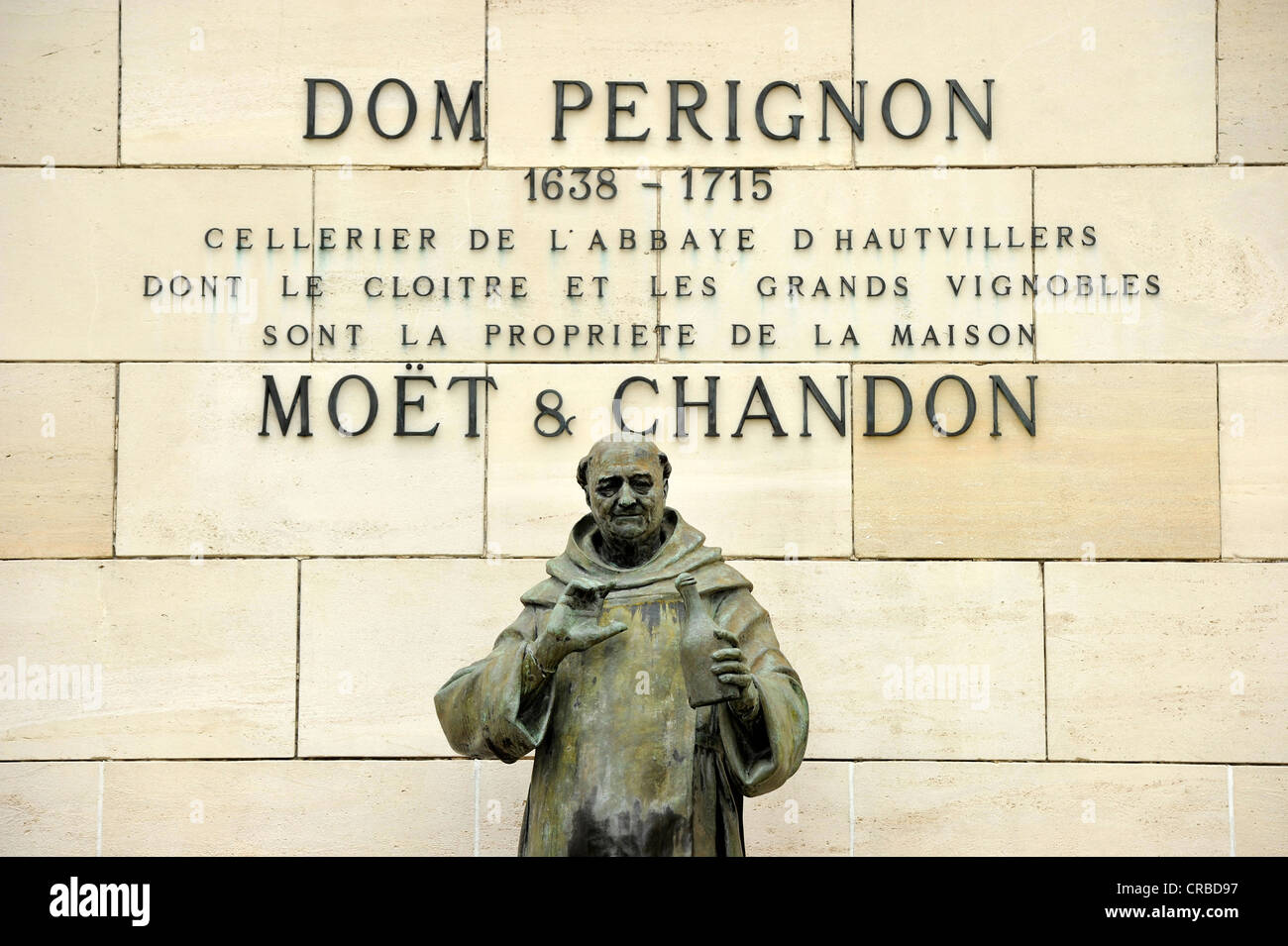 Statue of DomPerignon, Moët & Chandon winery, headquarters, luxury goods group LVMH, Louis Vuitton Moët Hennessy, Épernay Stock Photo