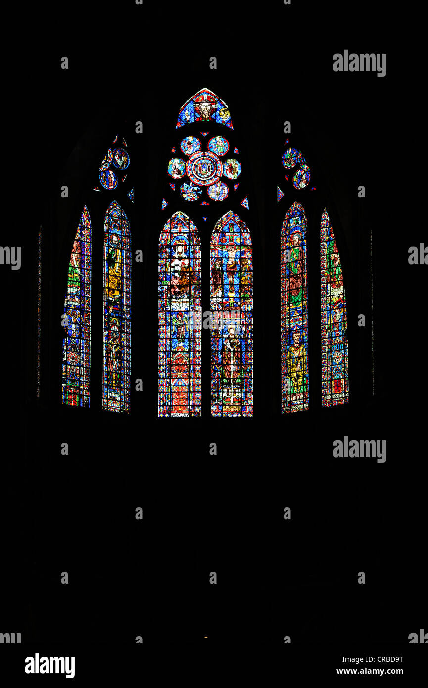 Historical stained glass windows, Chapelle absidial de Sainte Therese, side chapel, Cathedral Notre-Dame de Reims Stock Photo