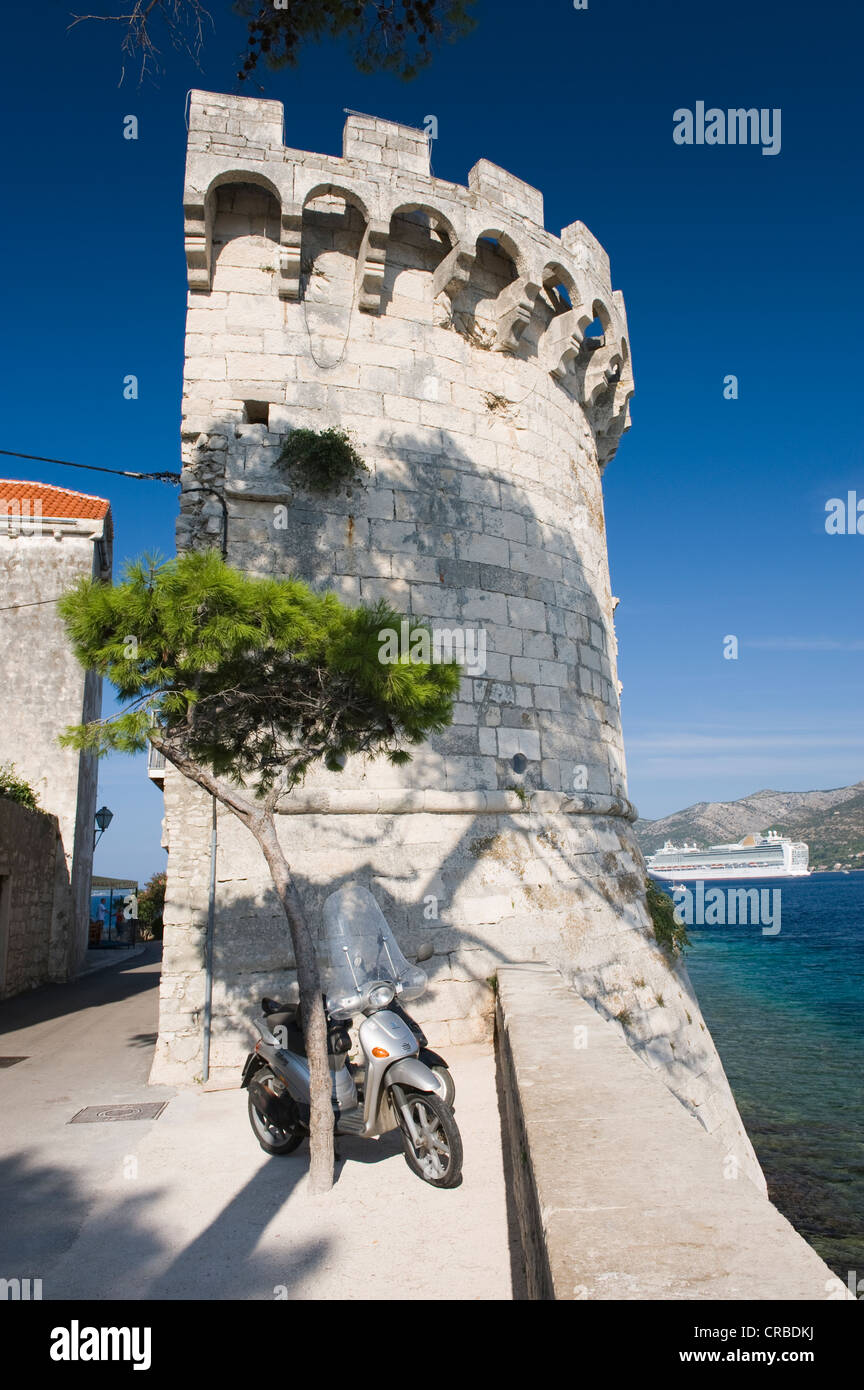 Fortress Tower, Korcula town, Korcula island, Dalmatia, Croatia, Europe Stock Photo