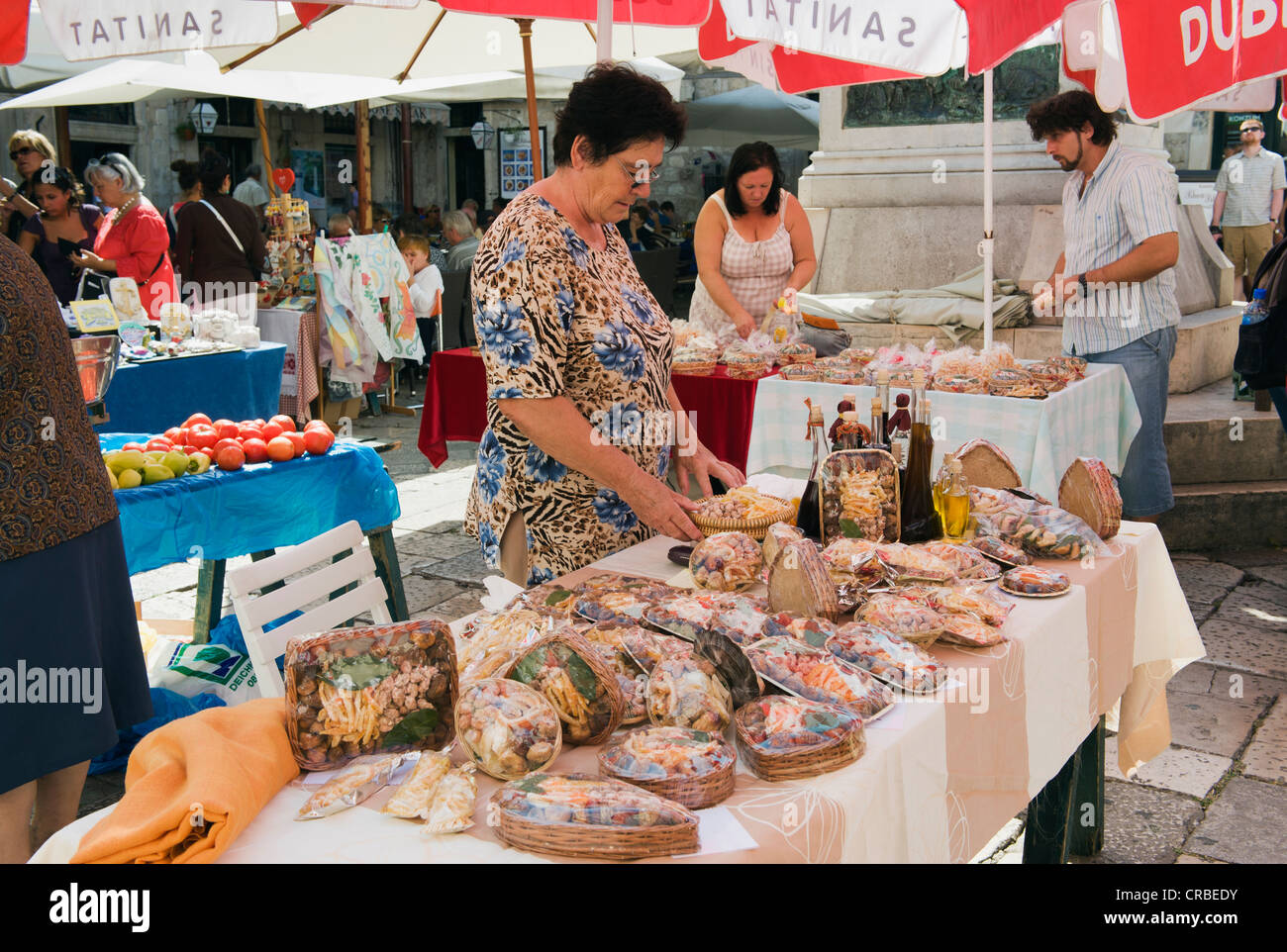 Traders at an outdoor market, Dubrovnik, Dalmatia, Croatia, Europe Stock Photo