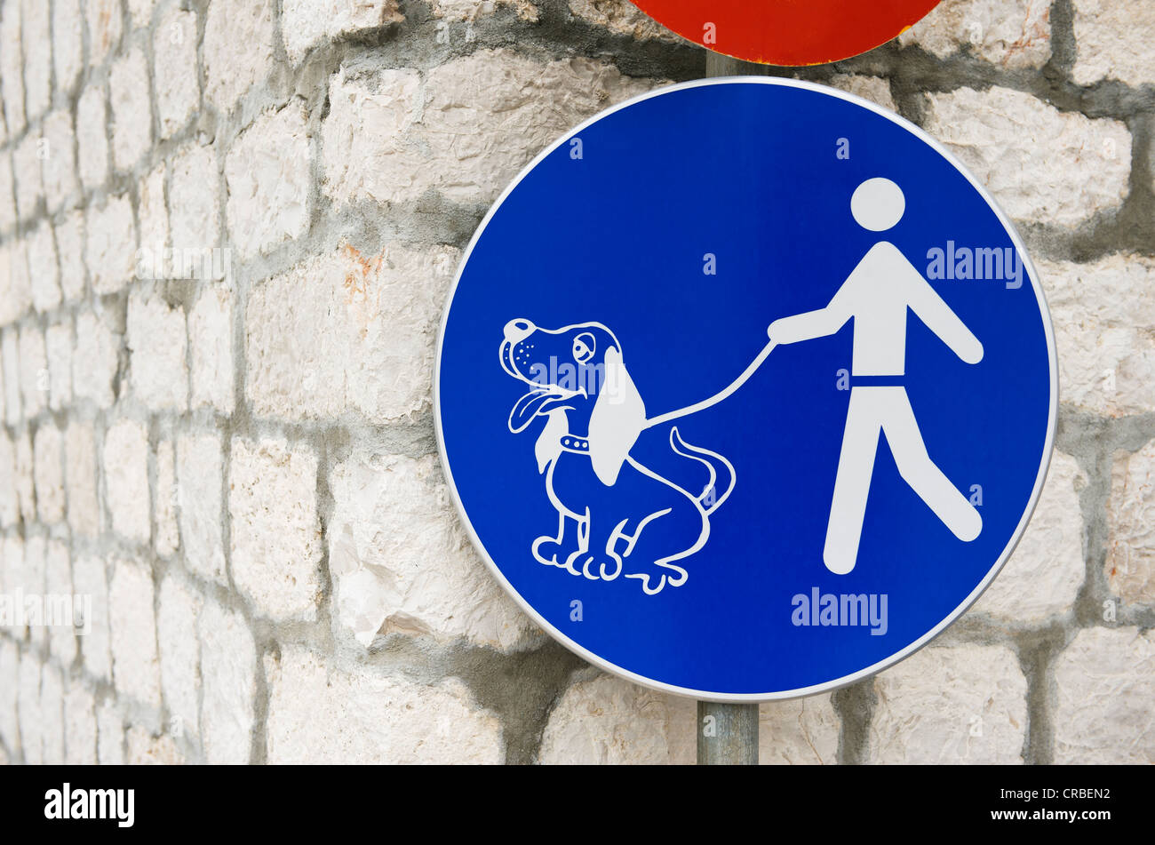 Sign, keeps dogs on a leash, Bol, Brac Island, Dalmatia, Croatia, Europe Stock Photo