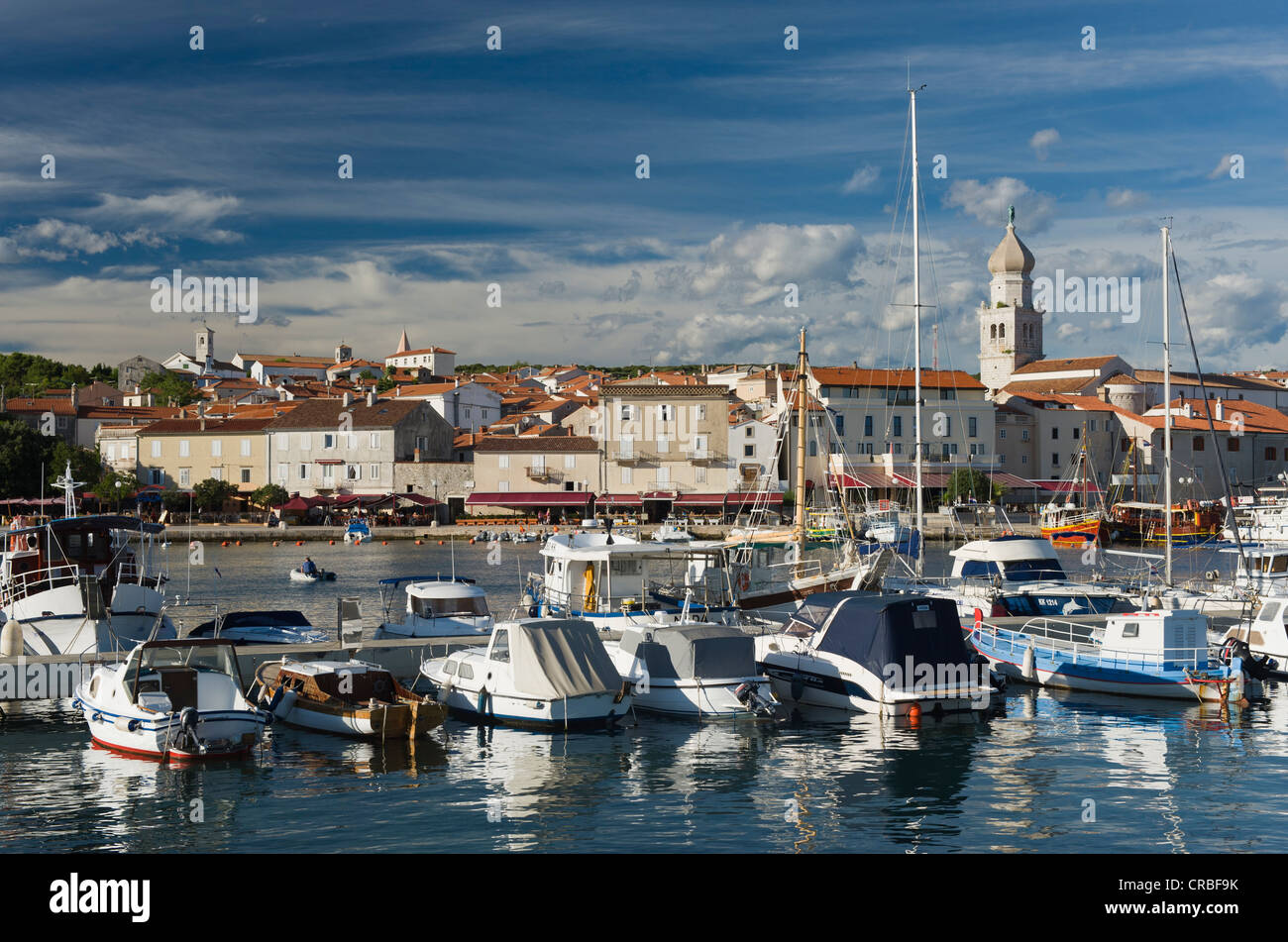 Boats in the harbor and town of Krk, Krk island, Kvarner Gulf, Croatia, Europe Stock Photo