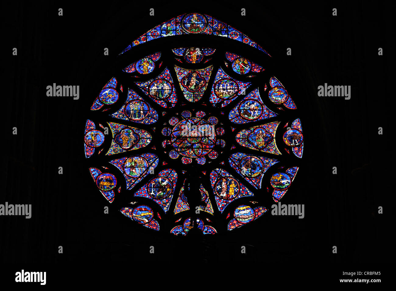Rose window, historic stained glass window, west facade, Cathedral of Notre-Dame Cathedral, UNESCO World Heritage Site, Reims Stock Photo