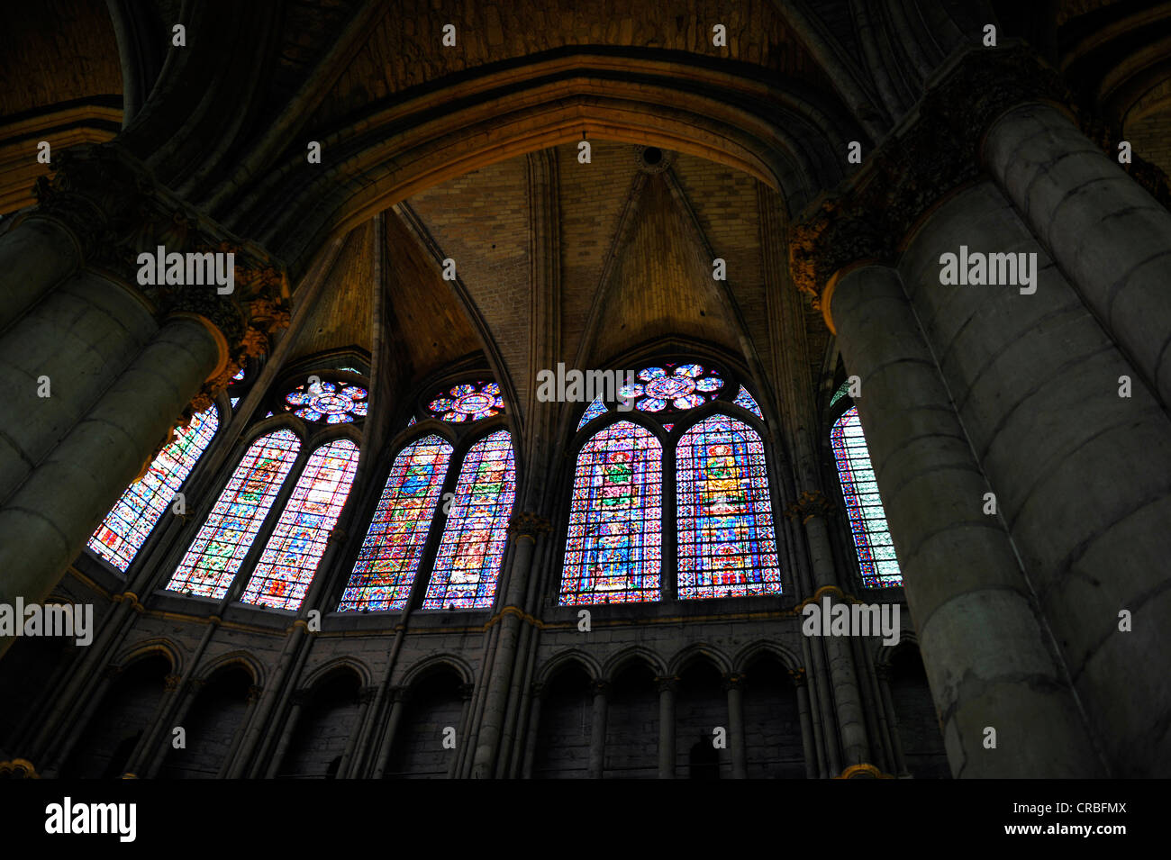 Historical stained glass window, Notre Dame, Unesco World Heritage Site, Reims, Champagne, France, Europe Stock Photo