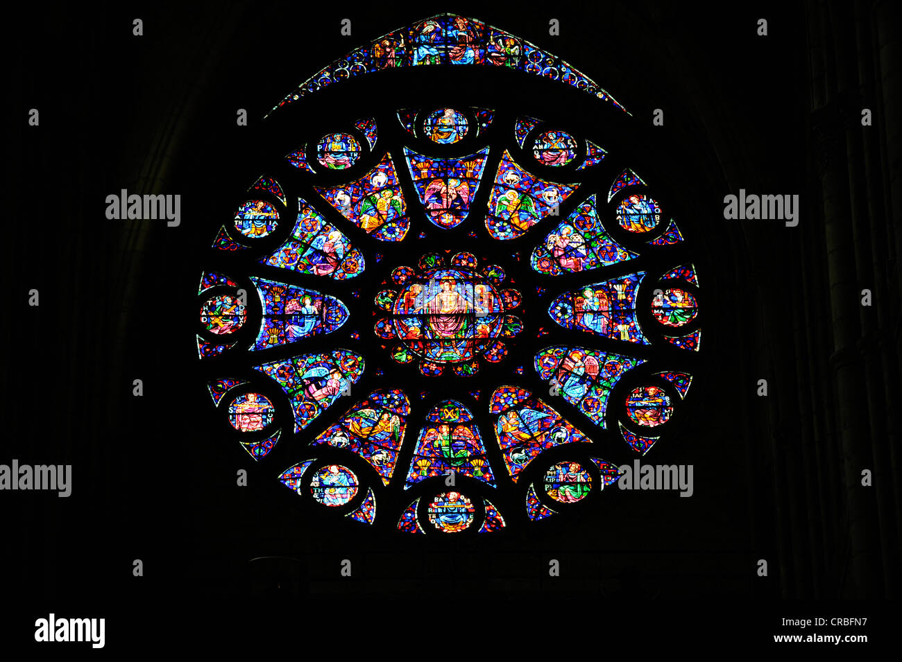Rose window, historic stained glass window, west facade, Cathedral of Notre-Dame Cathedral, UNESCO World Heritage Site, Reims Stock Photo