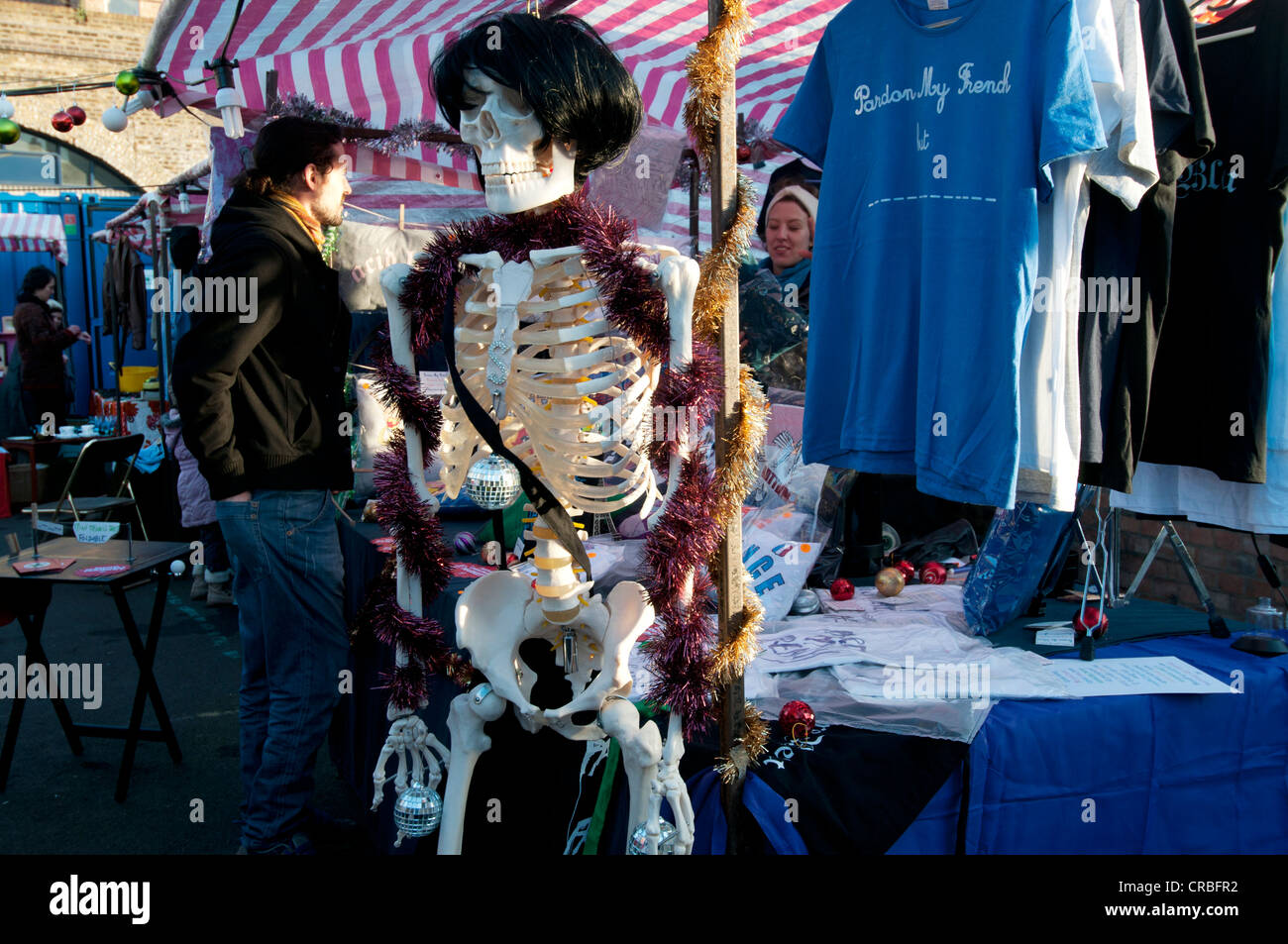 Hackney. Netles market. Clothing stall with plastic skeleton Stock Photo