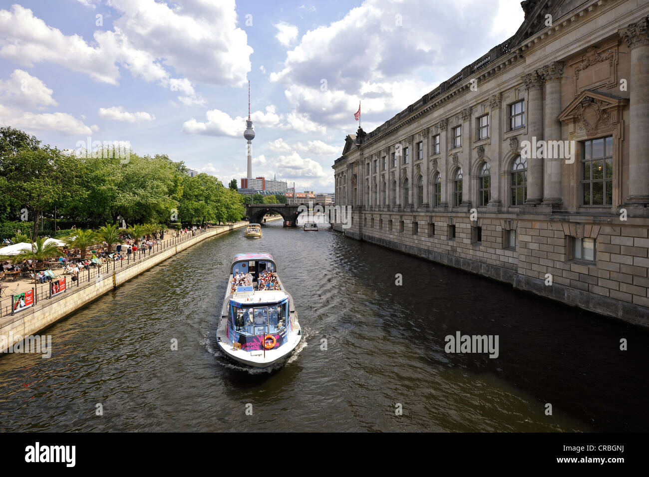 Bode-Museum, TV tower, excursion boats with tourists, Museumsinsel island, UNESCO World Heritage Site, Mitte district, Berlin Stock Photo