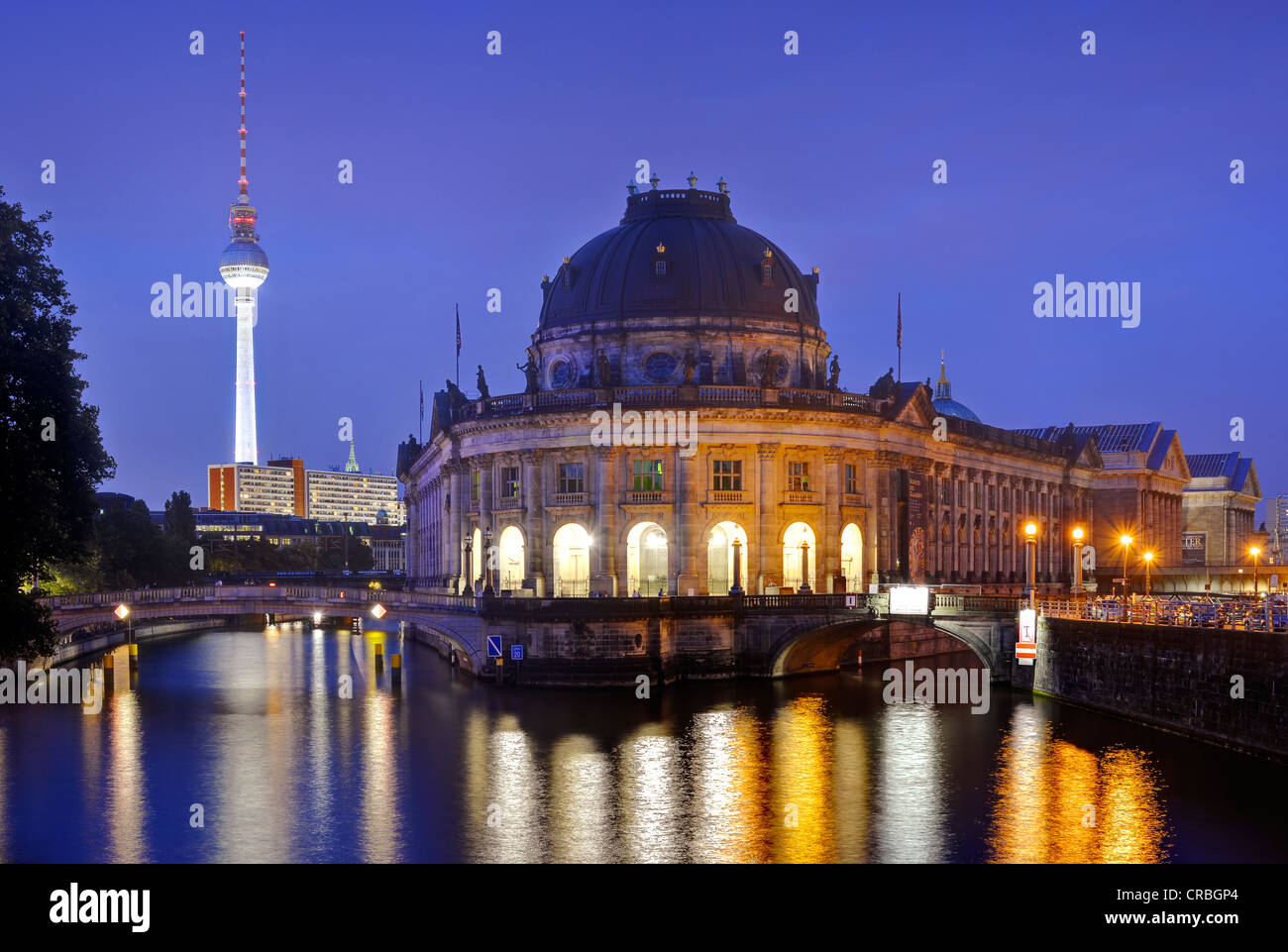 Night view at the blue hour, Bode-Museum, TV tower, Museumsinsel island, UNESCO World Heritage Site, Mitte district, Berlin Stock Photo