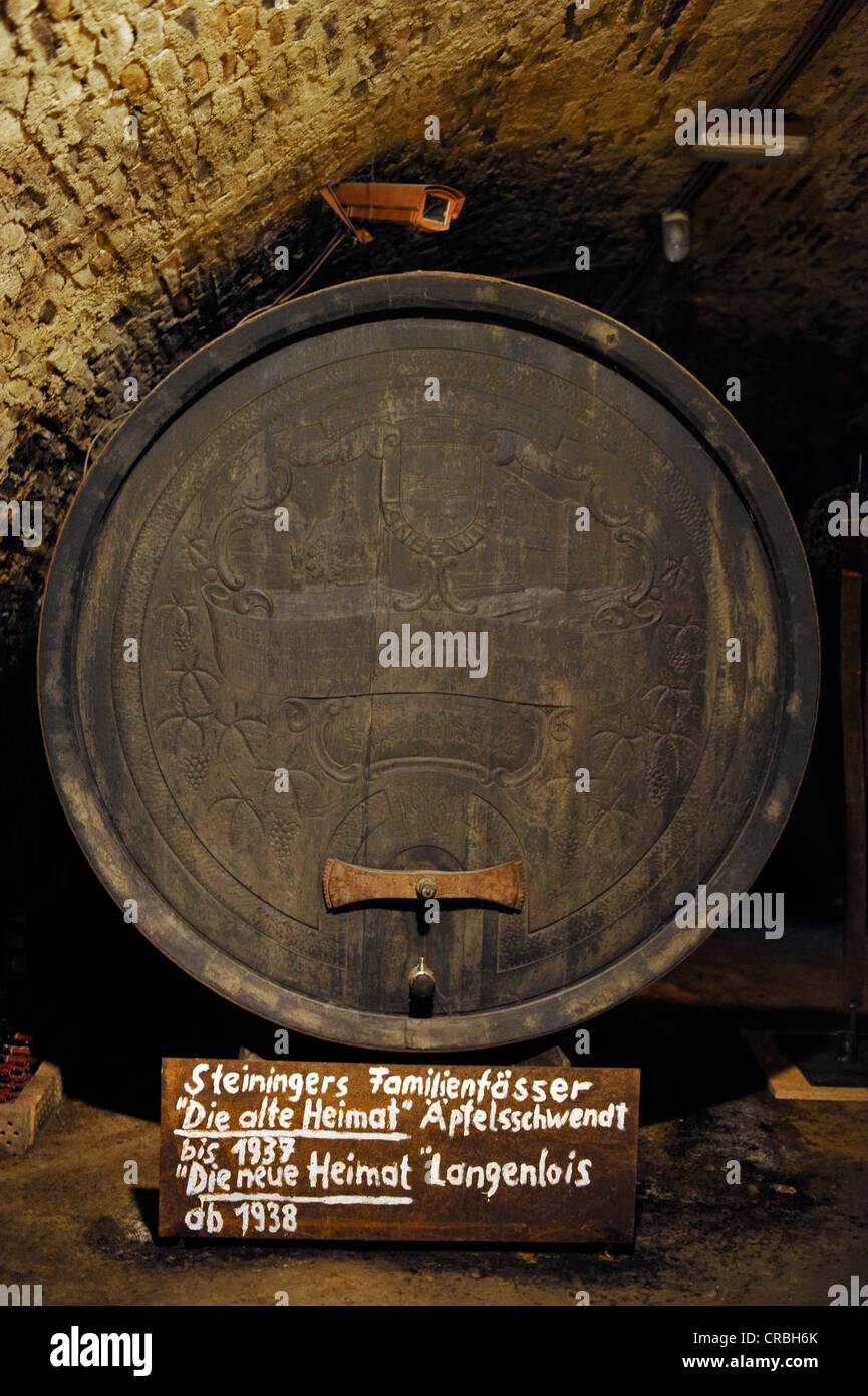Old wooden barrels in a wine cellar, Loisium World of Wine, Langenlois, Kamptal, Wachau, Lower Austria, Austria, Europe Stock Photo