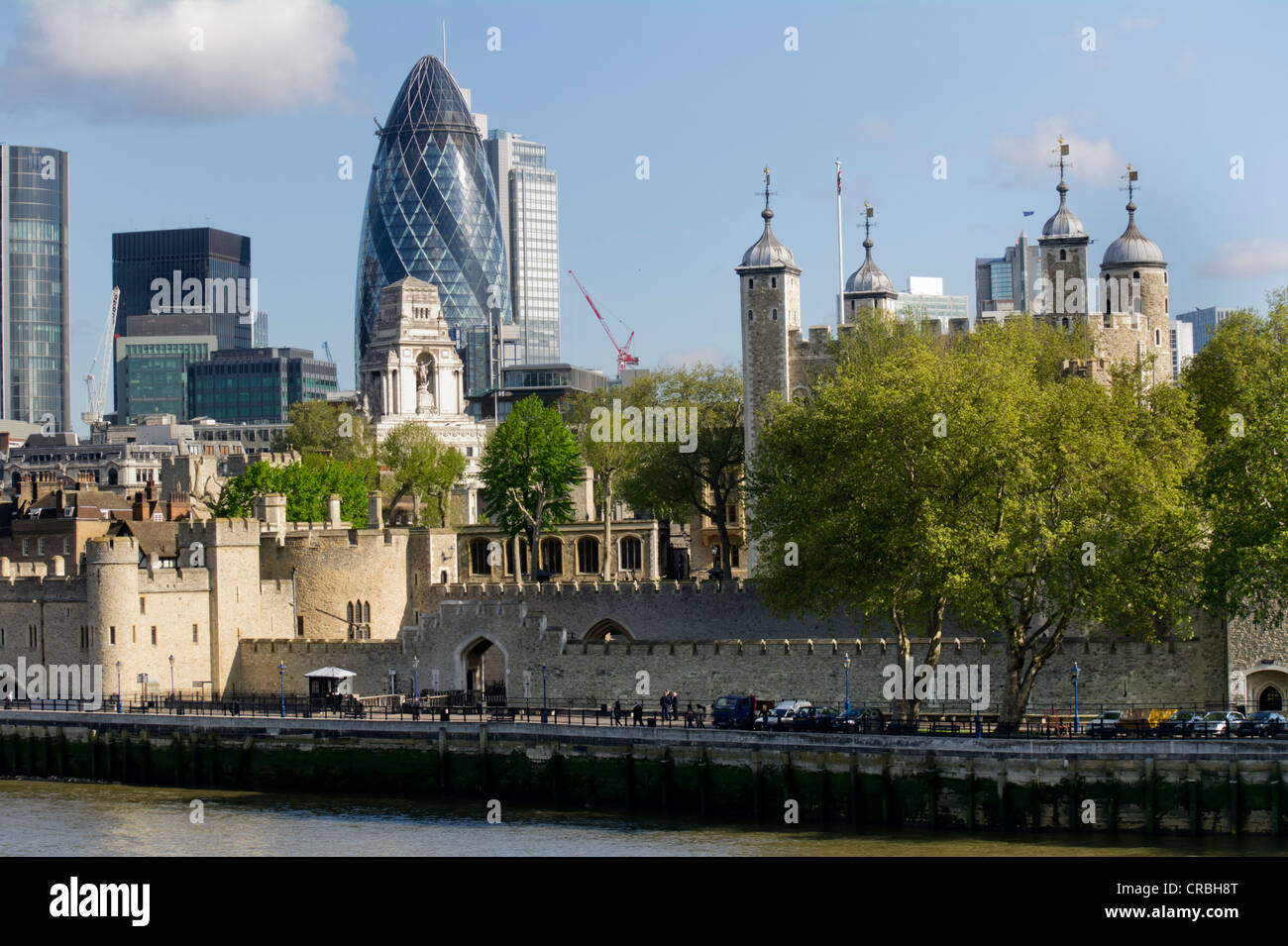 UK, England, London, City Gherkin and 10 Trinity Square monument Stock Photo