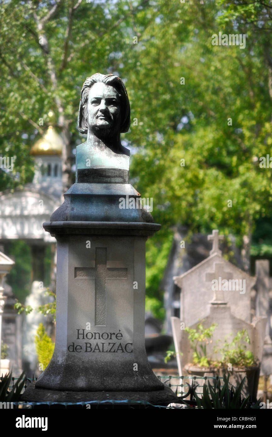 Bust and grave of Honore Balzac, Pere Lachaise Cemetery, Paris, France, Europe Stock Photo