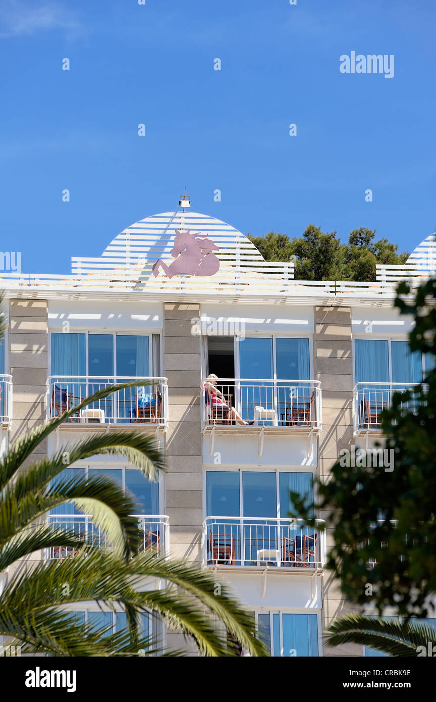 sea view balconies and rooms at the cala galdana hotel menorca spain Stock Photo