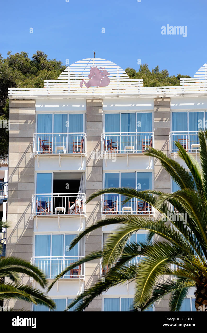 sea view balconies and rooms at the cala galdana hotel menorca spain Stock Photo