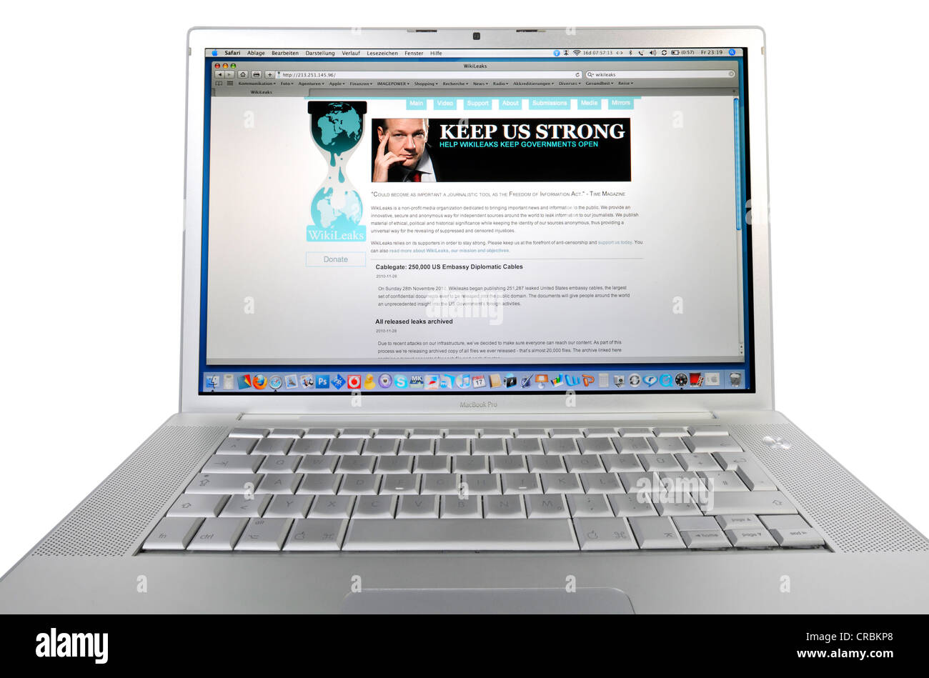 WikiLeaks showing a photo of founder Julian Assange, internet based social information portal, displayed on an Apple MacBook Pro Stock Photo