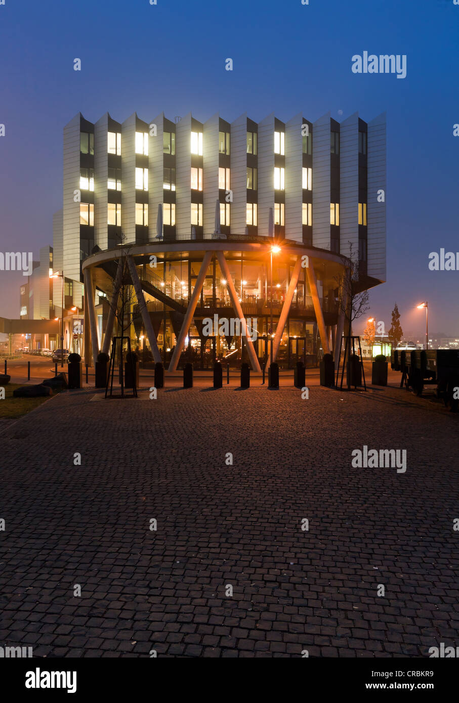 Modern office buildings in fog, Westhafen Pier 1, Frankfurt am Main ...