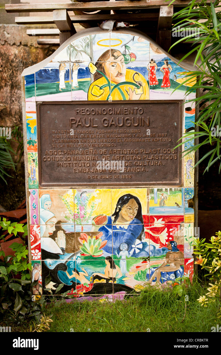 Memorial stone commemorating the visit of the painter Paul Gauguin on the island of Isla Taboga, Panama, Central America Stock Photo