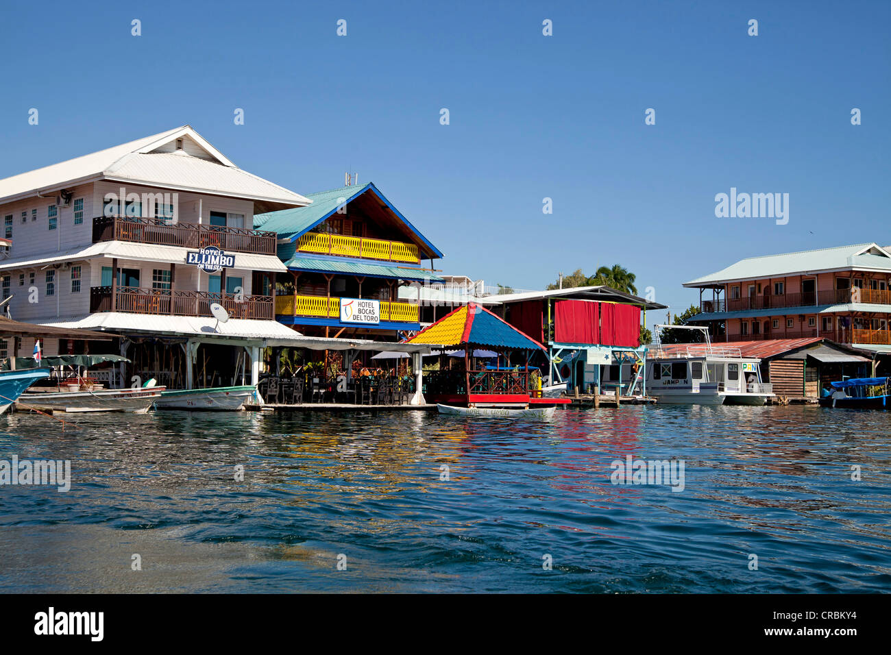 Typical wooden homes on stilts in Bocas del Toro, main town of the Bocas del Toro Caribbean archipelago, Panama, Central America Stock Photo