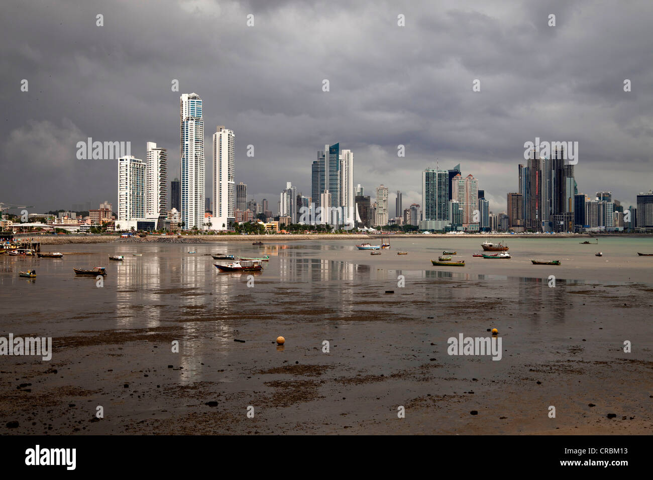 Dark storm clouds over the skyline of Panama City, Panama, Central America Stock Photo