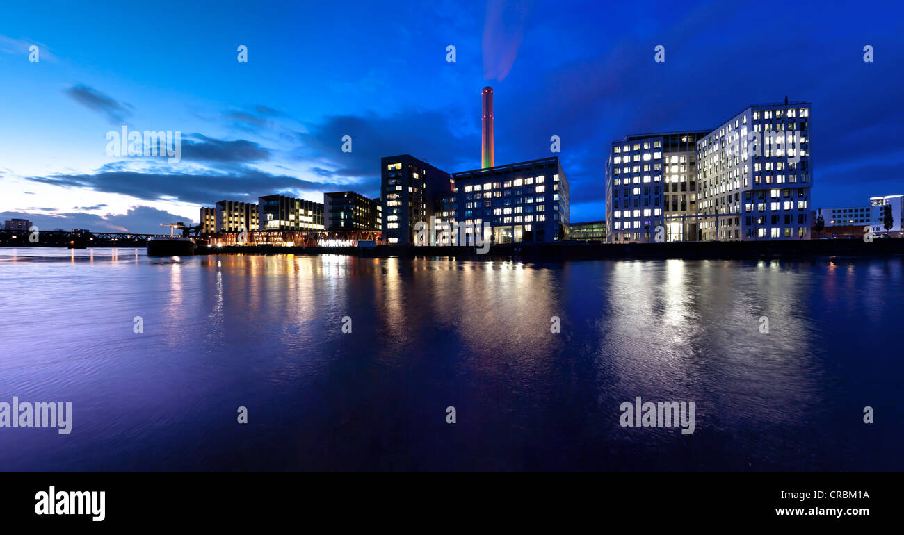 View of the Westhafen Pier 1 and the power and heat supply station, Westhafen, Frankfurt am Main, Hesse, Germany, Europe Stock Photo