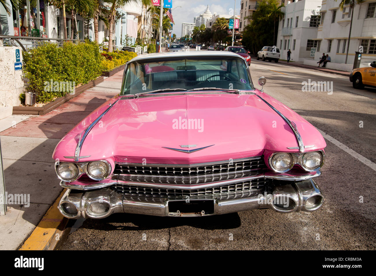 Pink Cadillac in the Art Deco district of South Beach, Miami, Florida, USA Stock Photo