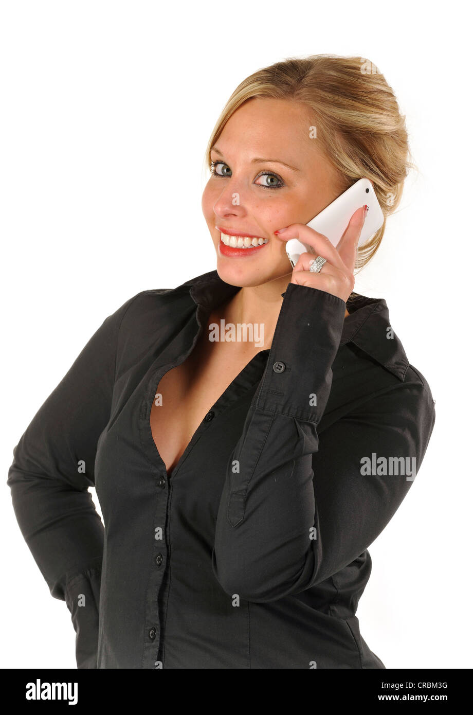 Young woman receiving good news on the phone, smartphone, iPhone, white Stock Photo