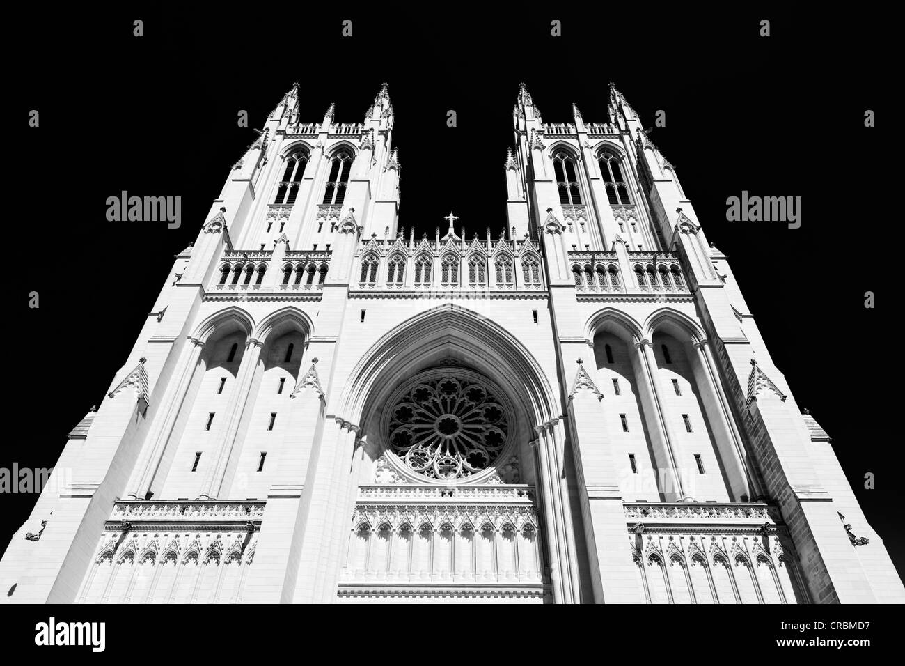 Black and white image, west facade, western portal with Ex Nihilo relief, Washington National Cathedral or Cathedral Church of Stock Photo