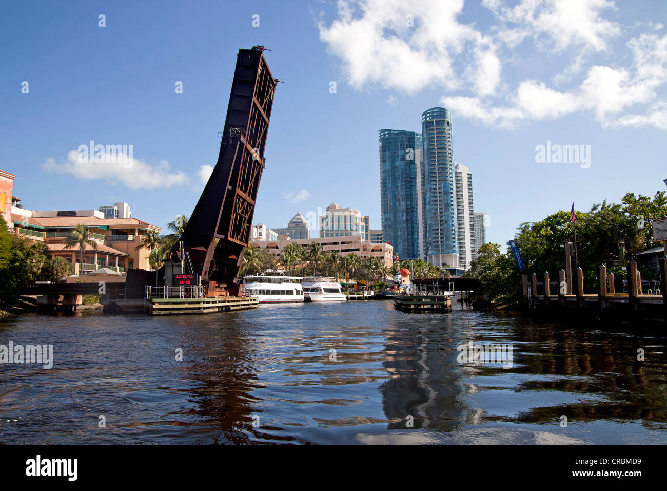 New River with bascule bridge and skyline of Fort Lauderdale, Florida, USA Stock Photo
