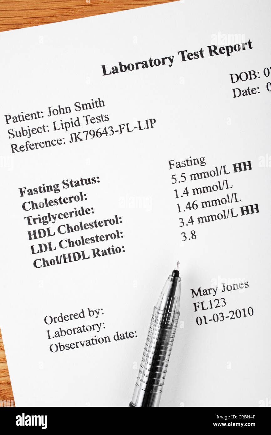 Laboratory report of cholesteroll test. Names and reference numbers are fictitious. Stock Photo
