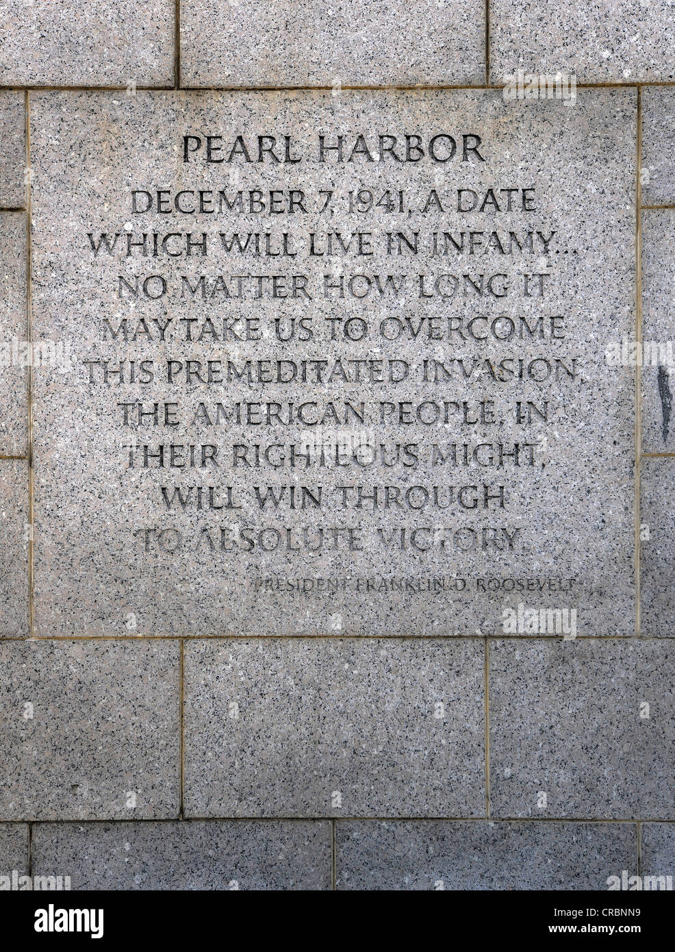 Inscription, excerpt of the Pearl Harbour Speech by Franklin D. Roosevelt, National World War II Memorial, WWII Memorial or Stock Photo