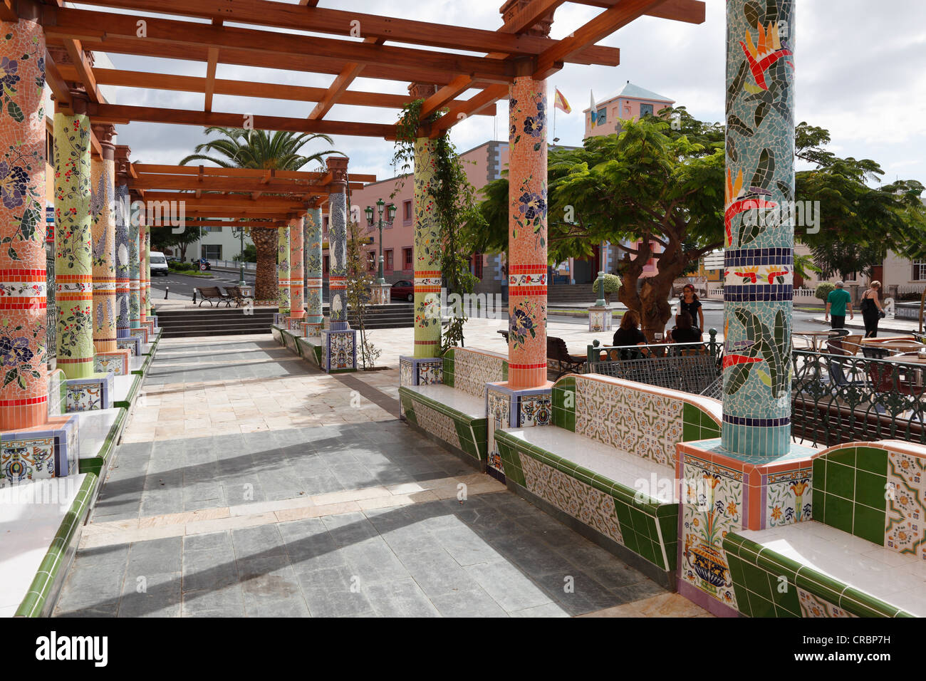Square in Tazacorte, redesigned square with mosaics, La Palma, Canary Islands, Spain, Europe, PublicGround Stock Photo