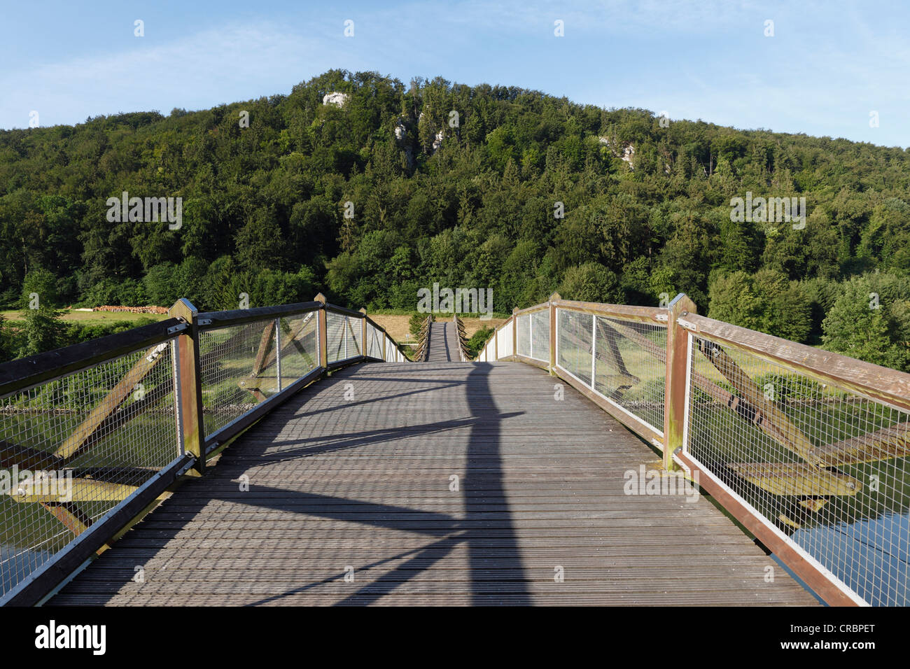 'Tatzelwurm' wooden bridge over the Altmuehl river, Altmuehl Valley, Lower Bavaria, Bavaria, Germany, Europe Stock Photo