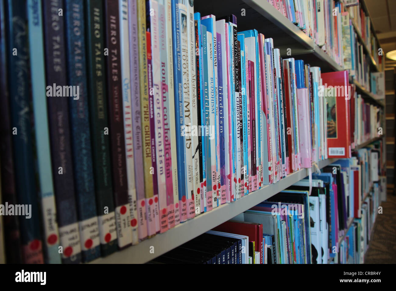 Close up of library book shelves- library books Stock Photo