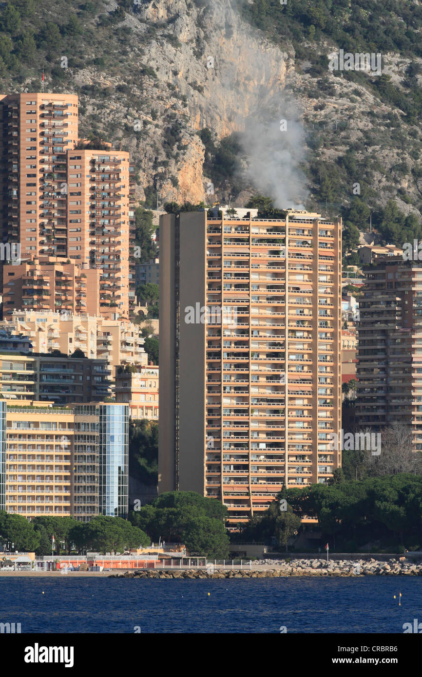 High-rise buildings in the district of Larvotto, smoke, Principality of Monaco, French Riviera, Mediterranean Sea, Europe Stock Photo