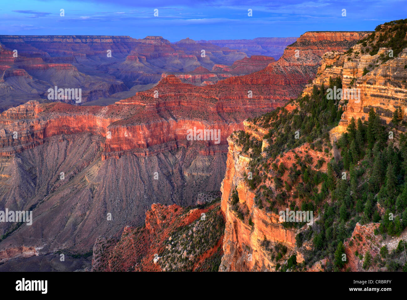 View of Vishnu Temple at sunset from Yavapai Point, Desert Palisades, Wotan's Throne, Comanche Point, evening light Stock Photo