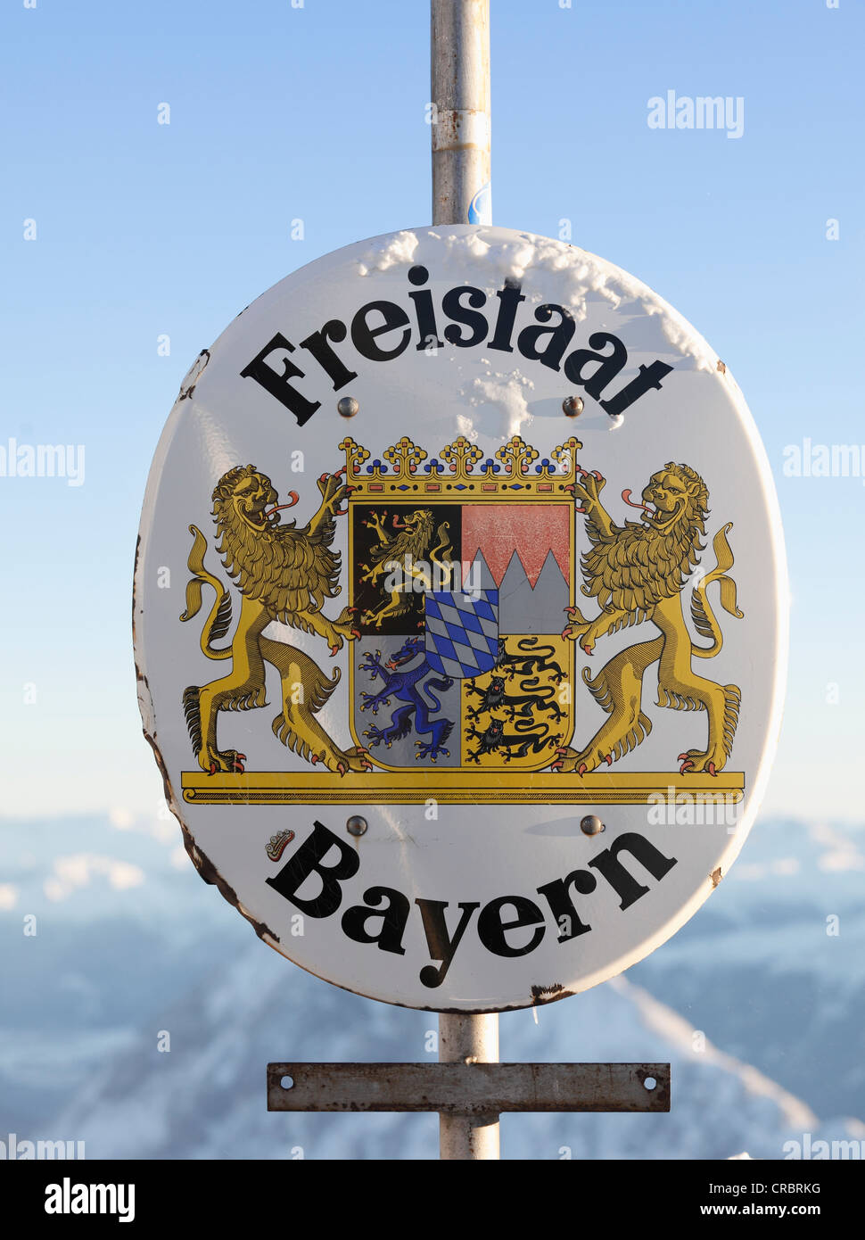 Sign, Freistaat Bayern, Free State of Bavaria, at the summit of Zugspitze Mountain, Bavaria, Germany, Europe Stock Photo