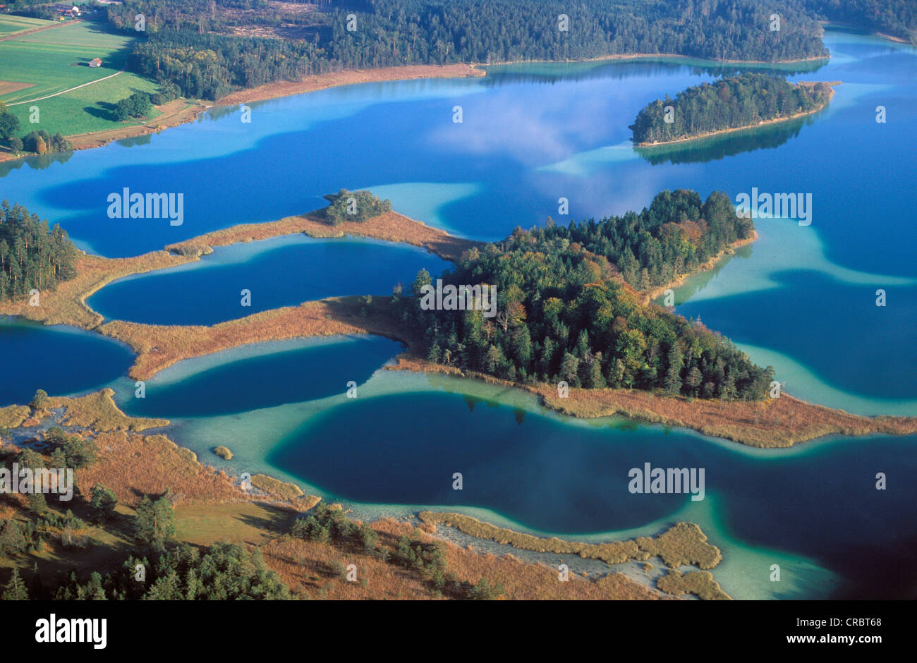 Grosser Ostersee lake, Oster Lakes, Five Lakes District, Upper Bavaria, Bavaria, Germany, Europe, aerial photo Stock Photo