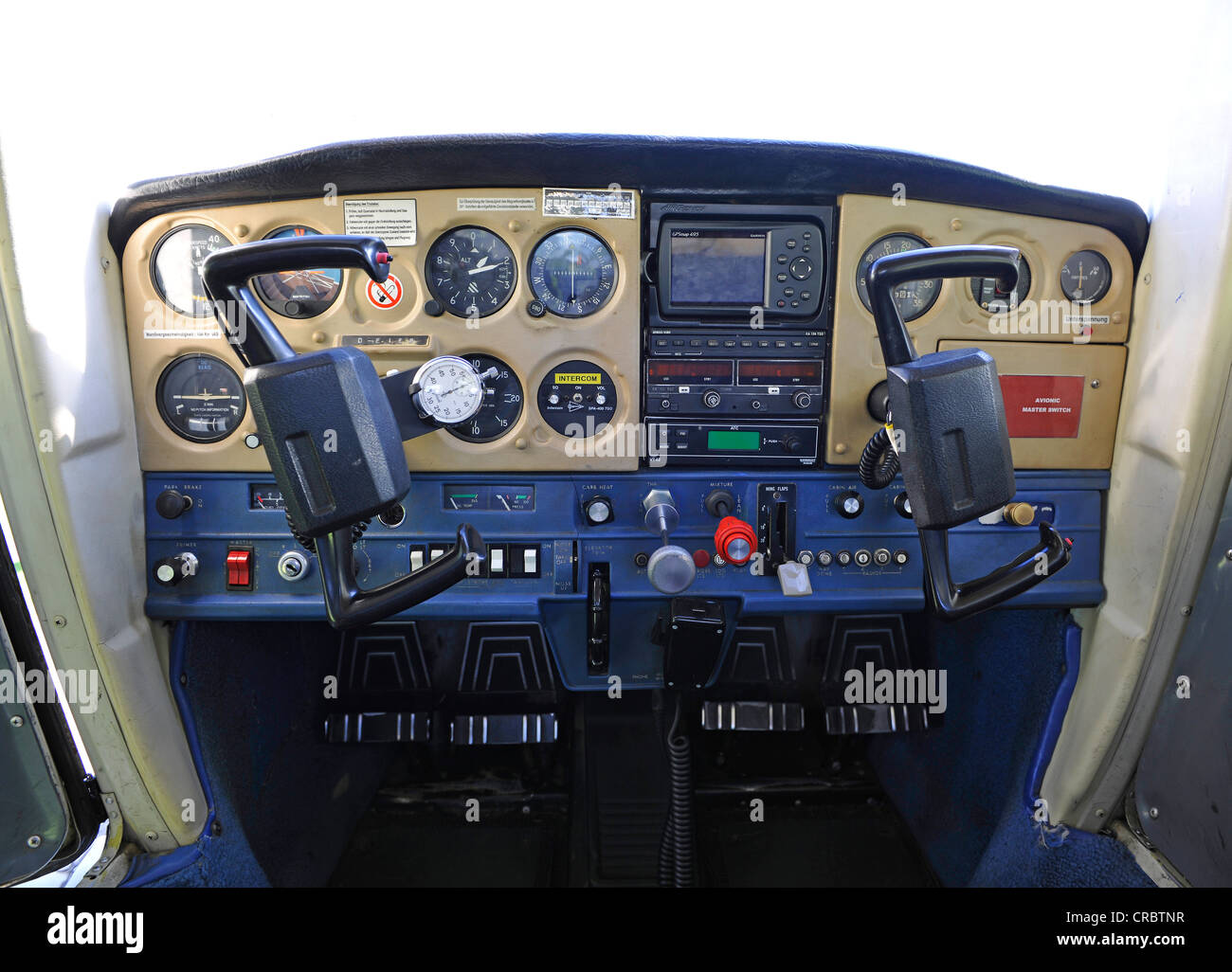 View of cockpit of a Cessna 152 before a flight, Airport Hahnweide, Kirchheim unter Teck, Baden-Wuerttemberg, Germany, Europe Stock Photo