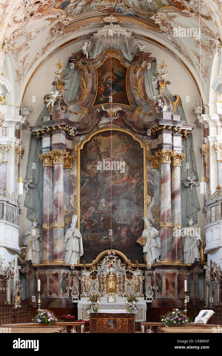 High altar in the Monastery Church of St. Margaret, Baumburg Abbey, Altenmarkt, Chiemgau, Upper Bavaria, Bavaria Stock Photo