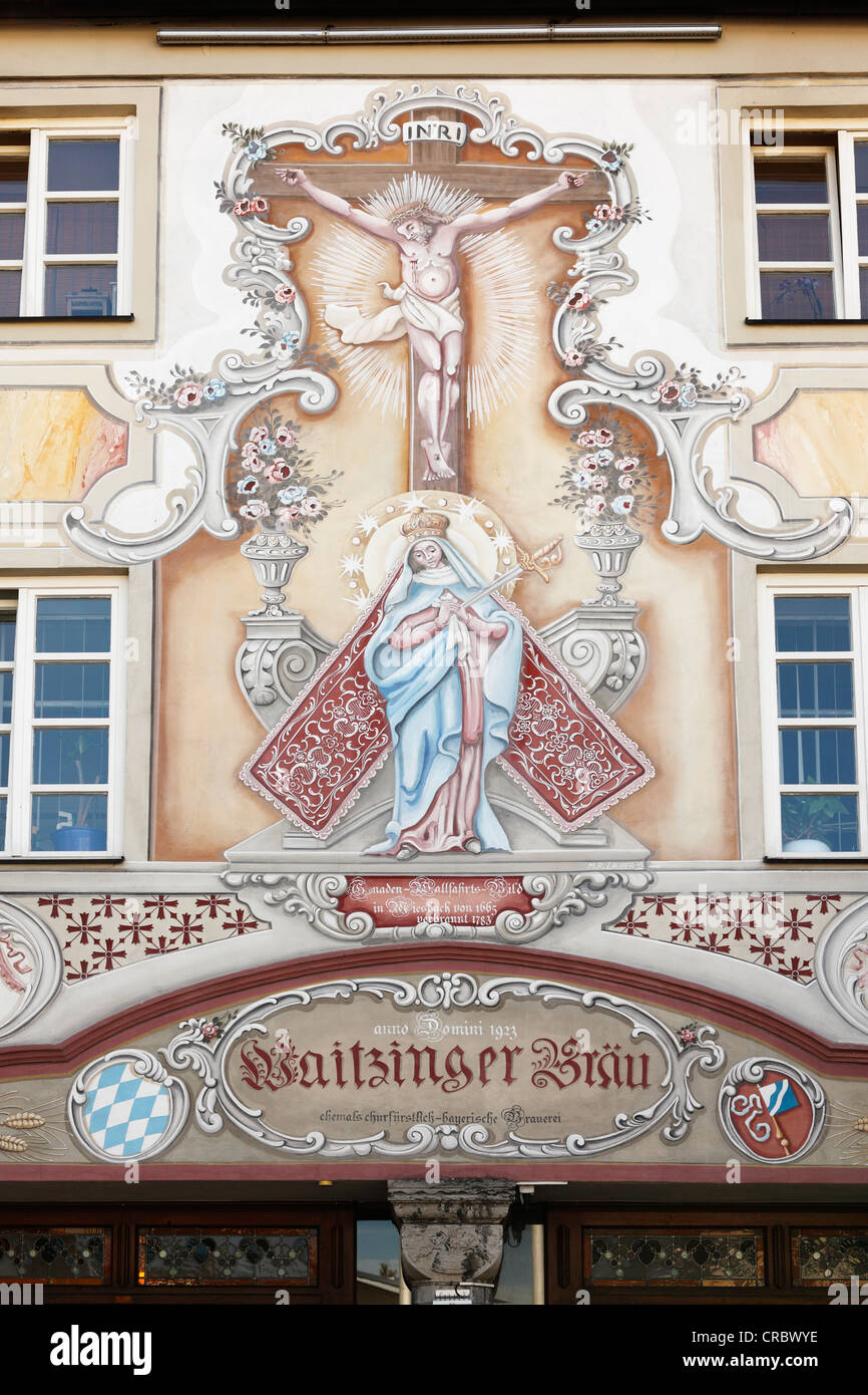 Painted facade of Waitzinger Braeu restaurant in Stadtplatz, town square, Miesbach, Oberland, Upper Bavaria, Bavaria Stock Photo