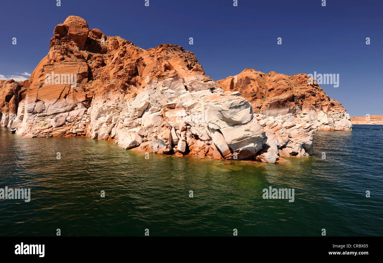 So-called bathwater line of the Navajo Canyon, from Lake Powell, showing peak water levels, Page, Navajo Nation Reservation Stock Photo