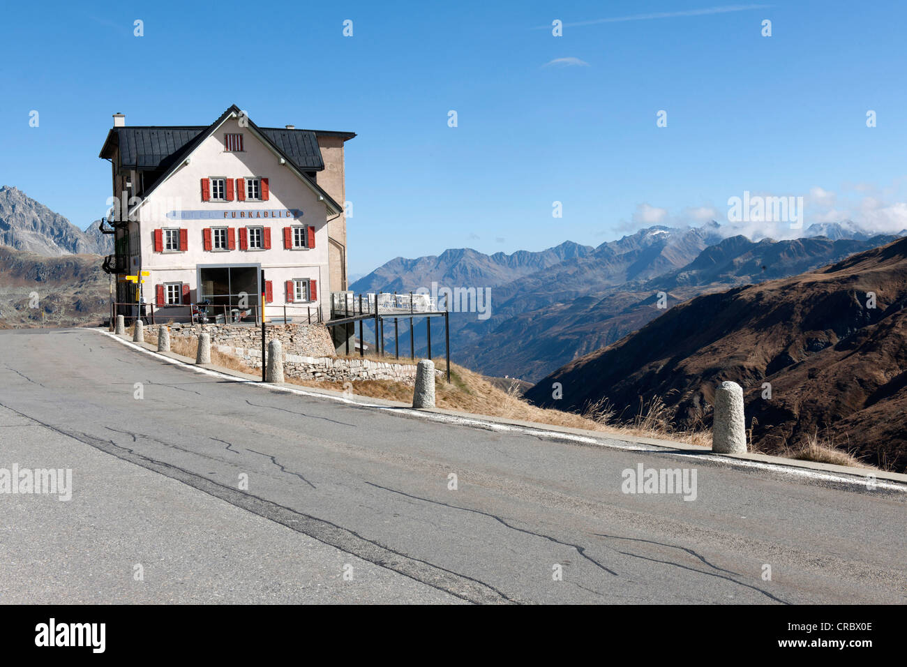 Furka Pass, road with Furkablick restaurant, Switzerland, Europe Stock Photo