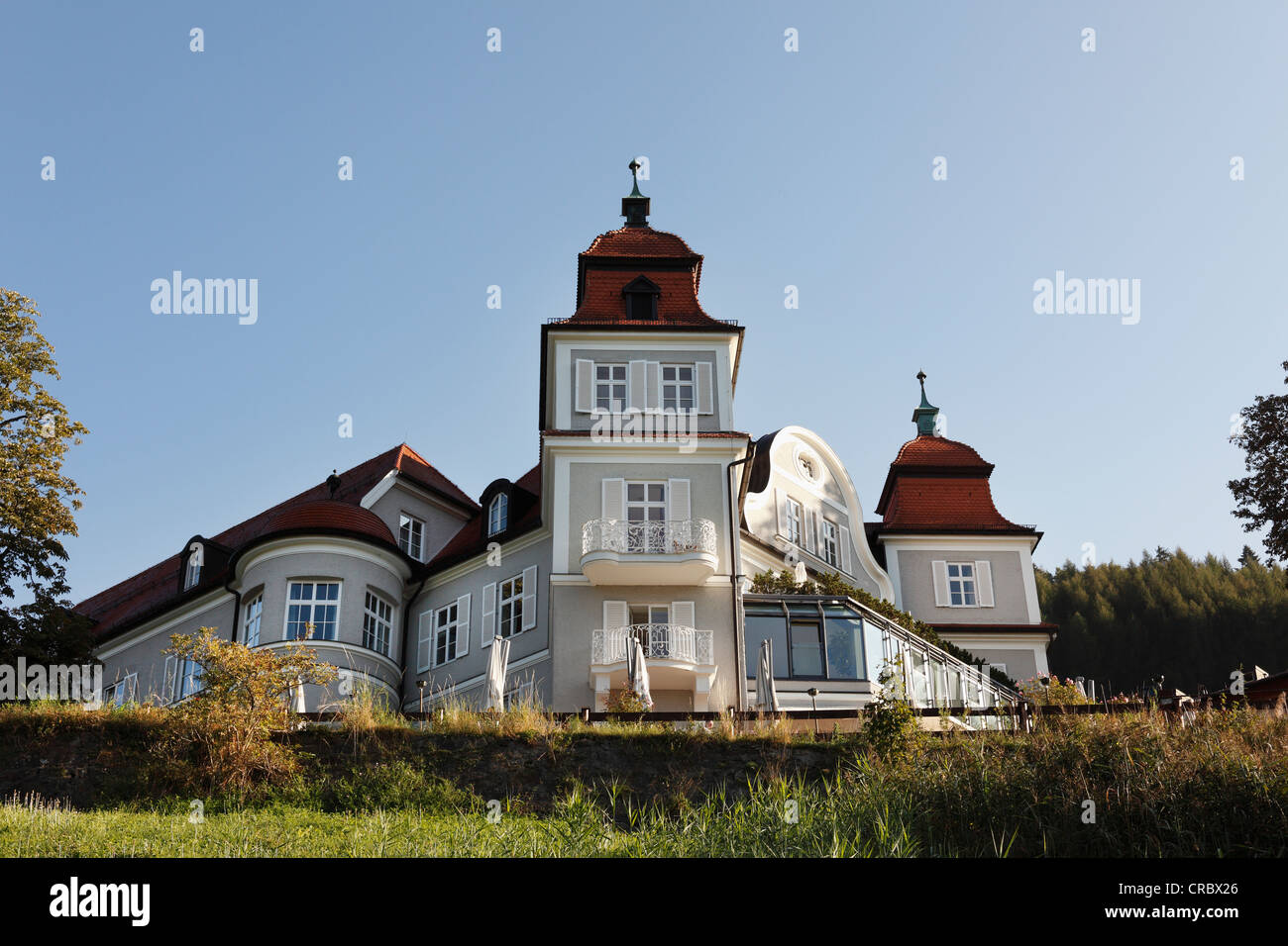 Hotel 'Das Tegernsee', view from high trail in Tegernsee, Upper Bavaria, Bavaria, Germany, Europe, PublicGround Stock Photo