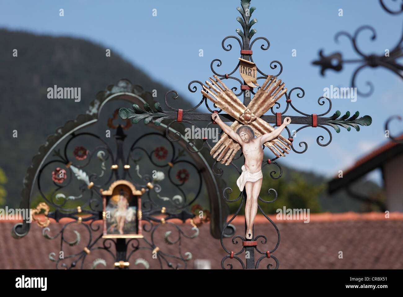 Wrought iron crosses on St Laurentius cemetery, Rottach-Egern, Tegernsee Valley, Upper Bavaria, Bavaria, Germany, Europe Stock Photo