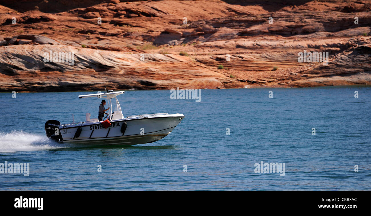 State Patrol, police boat, Lake Powell, Wahweap Marina, Warm Creek Bay, Navajo Nation Reservation, Page, Arizona, United States Stock Photo