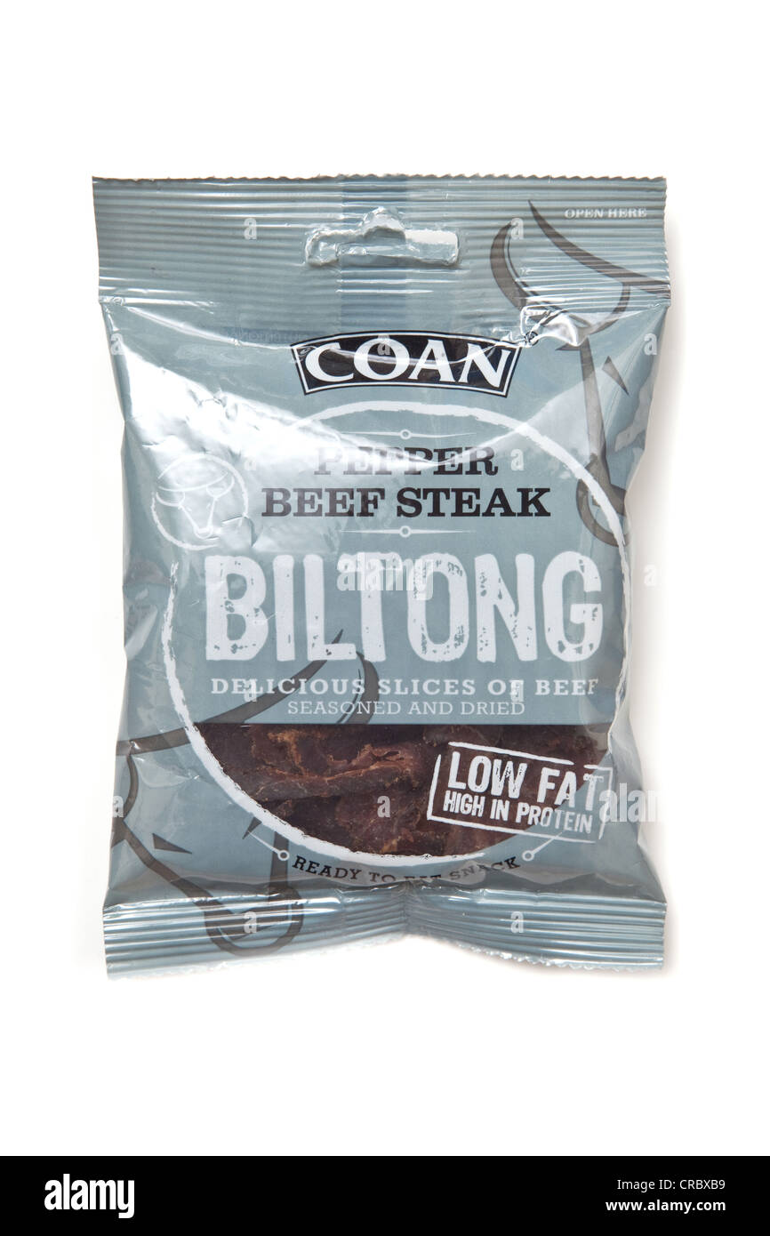 Packet of Coan biltong (beef jerky) isolated on a white studio