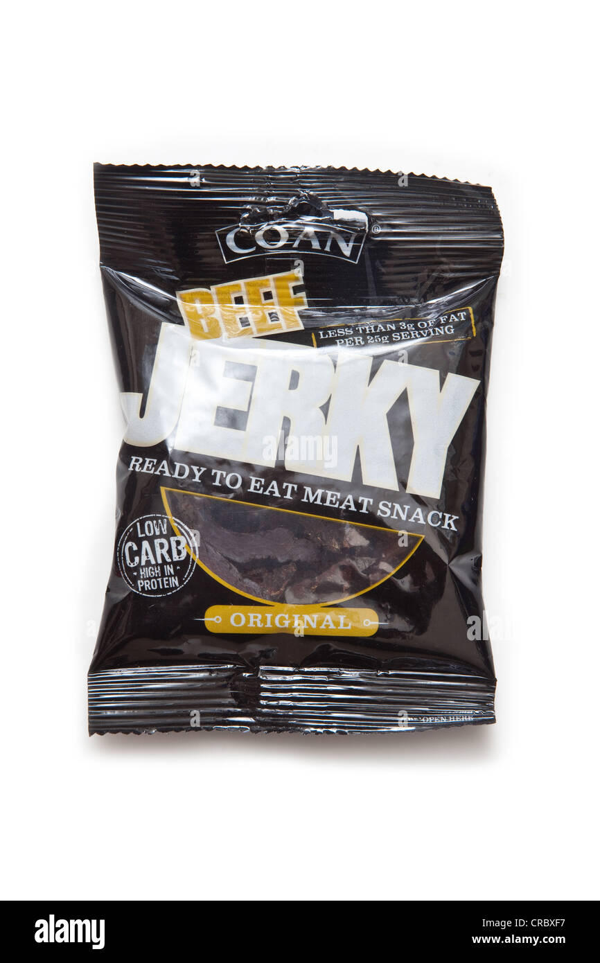 Packet of Coan beef jerky isolated on a white studio background Stock
