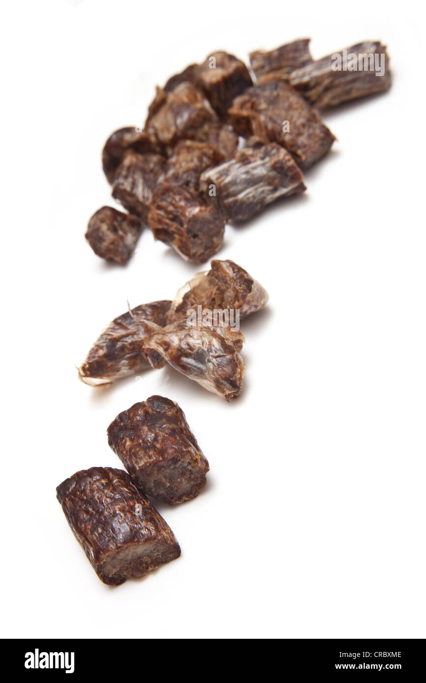 Dry Wors Dried Sausage beef jerky, isolated on a white studio